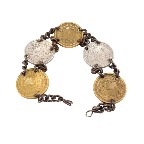 WWII Sweetheart Bracelet French Coin Bracelet With Brass Silver Coins Chain Link - Picture 2 of 7